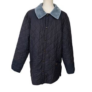 Vintage Barbour Men's Navy Quilted Jacket With Corduroy Collar Navy Blue Size L